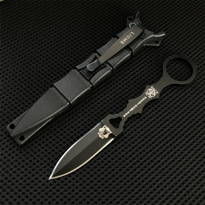 Black Liome 176 skeleton fixed-blade knife beside its matching black nylon sheath on mesh