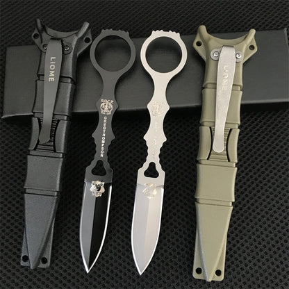 Liome 176 fixed-blade knives in black and silver with matching nylon sheaths arranged on black mesh