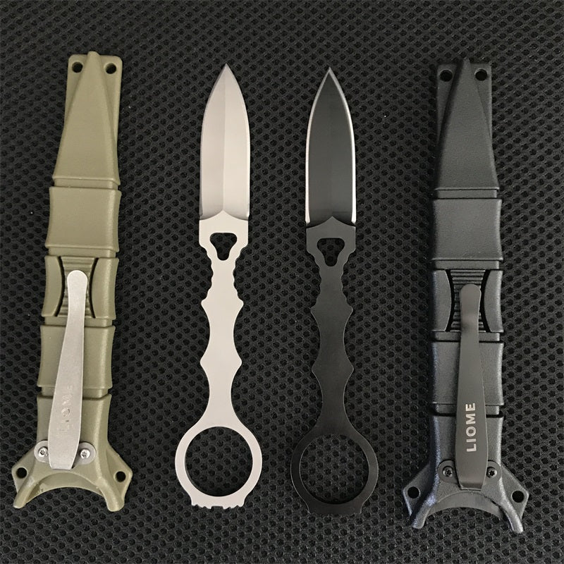 Flat lay of Liome 176 silver and black knives with their tan and black sheaths on mesh