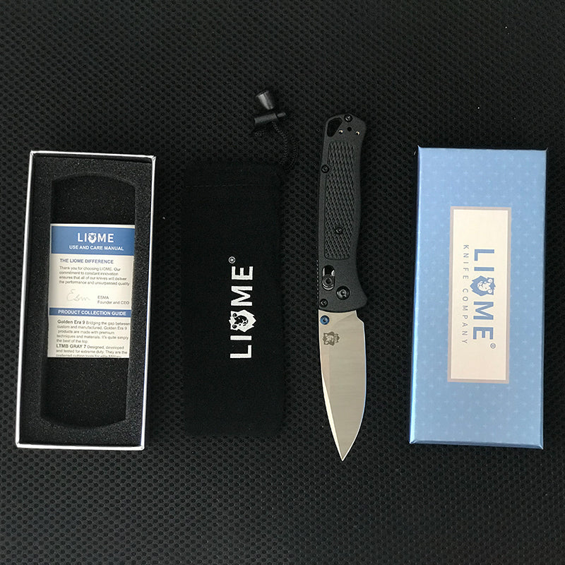 Full Liome 535 kit laid out with care manual in inner tray, black drawstring pouch, open knife and outer box