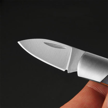 Close-up of the mini folding knife's polished drop-point blade with a nail-nick groove, the silver bolster and a sliver of the wood handle at the right, against a black background.