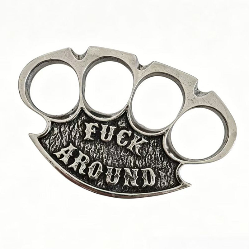 Silver chrome retro knuckle duster top view with raised lettering on a white background