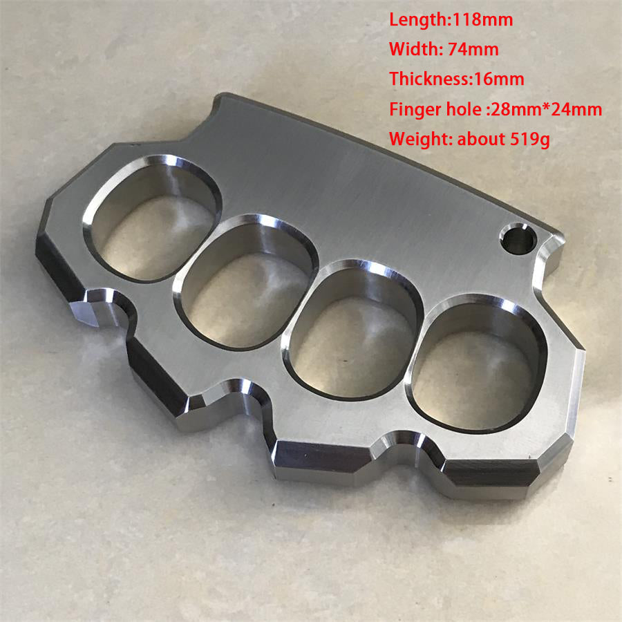 Mirror polished four-hole 304 stainless steel knuckle duster with red dimension overlay showing 118mm length, 74mm width, 16mm thickness, 28×24mm finger hole and about 519g (Thunder style).