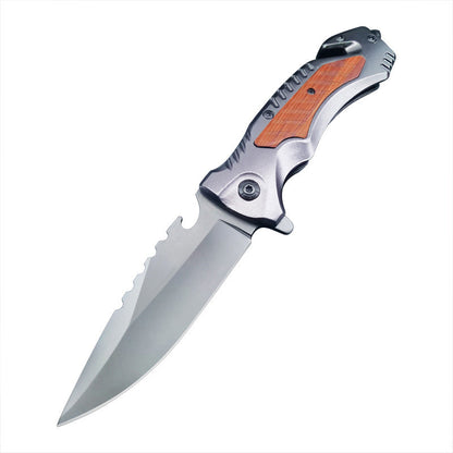 Multifunctional folding knife open on a clean white background