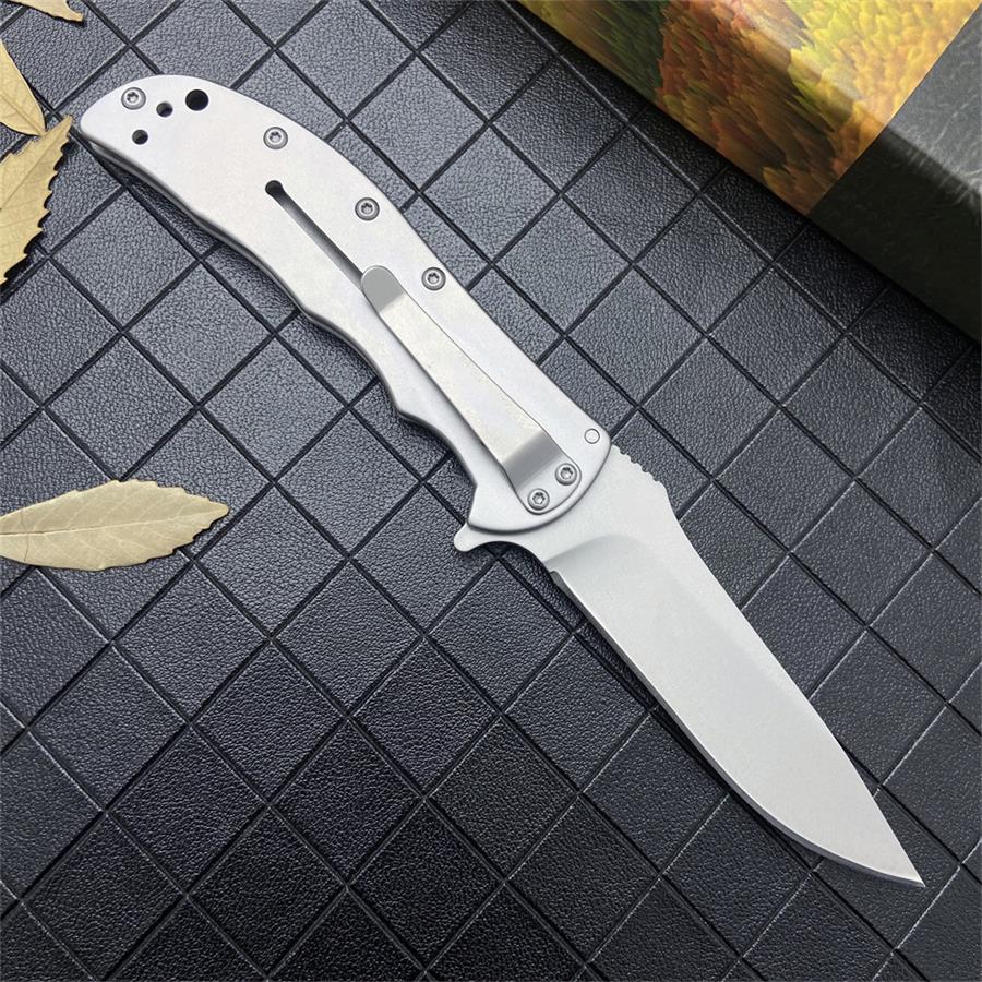Open pocket knife seen from the rear showing the steel pocket clip against black texture with dried leaves