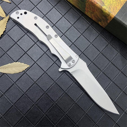 Open pocket knife seen from the rear showing the steel pocket clip against black texture with dried leaves