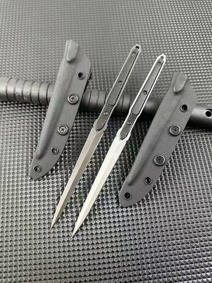 Two bayonets with dark and light blades flanked by two black sheaths