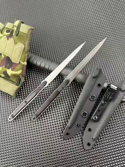 Two bayonets laid parallel beside a single black sheath
