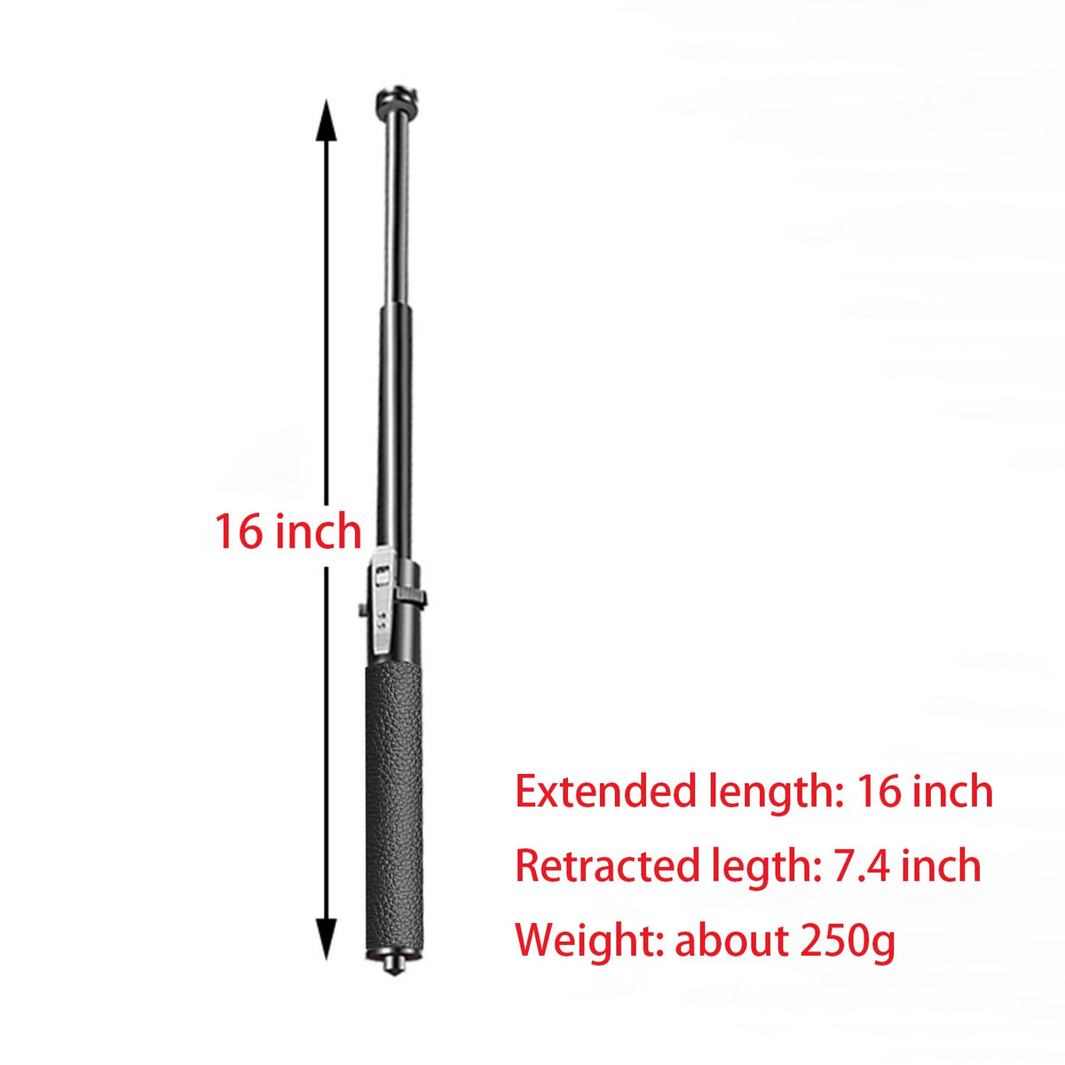 Size chart of the 16 inch baton showing extended length 16 inch, retracted length 7.4 inch and weight about 250g on a white background