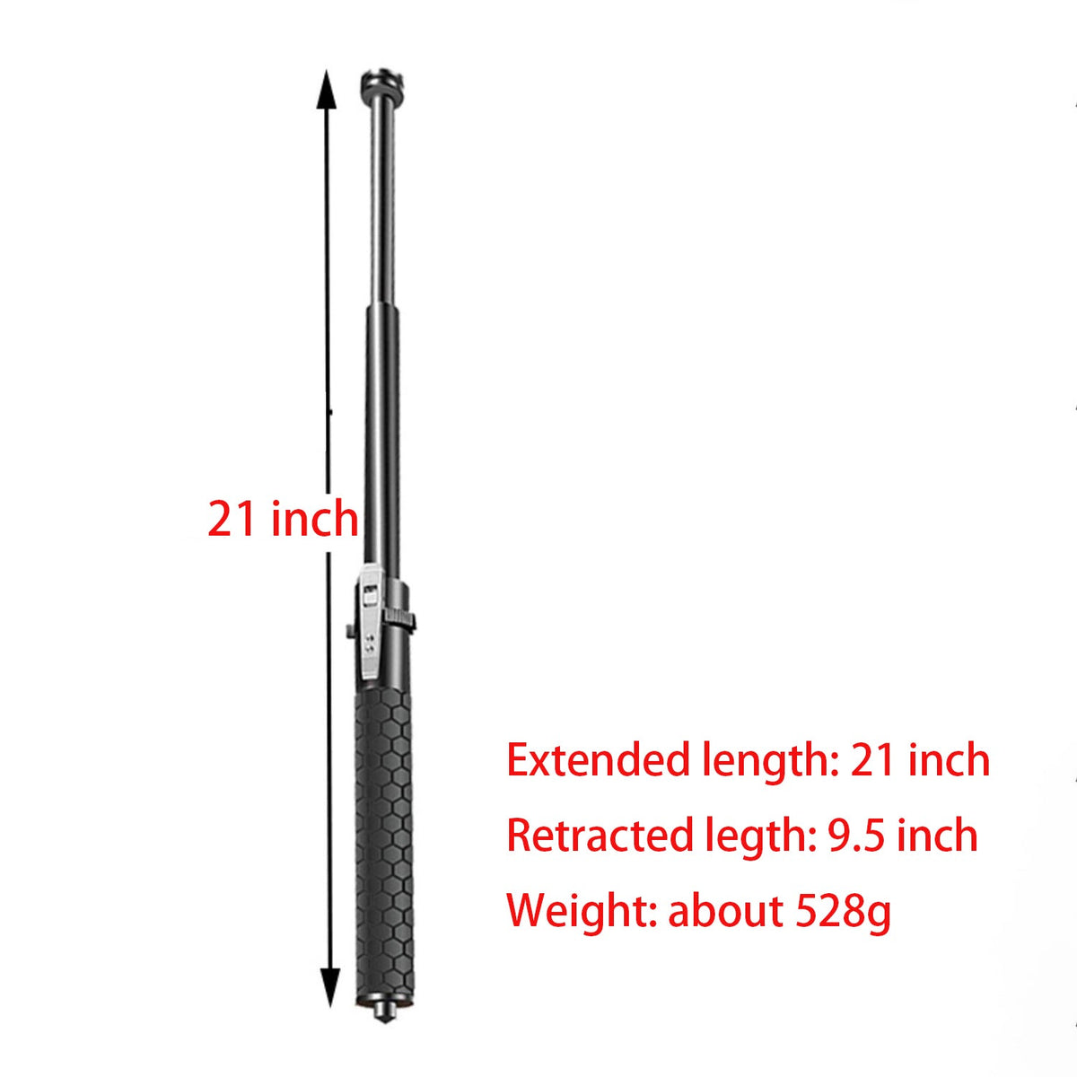 Size chart of the 21 inch baton showing extended length 21 inch, retracted length 9.5 inch and weight about 528g on a white background