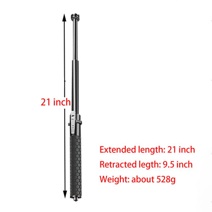 Size chart of the 21 inch baton showing extended length 21 inch, retracted length 9.5 inch and weight about 528g on a white background