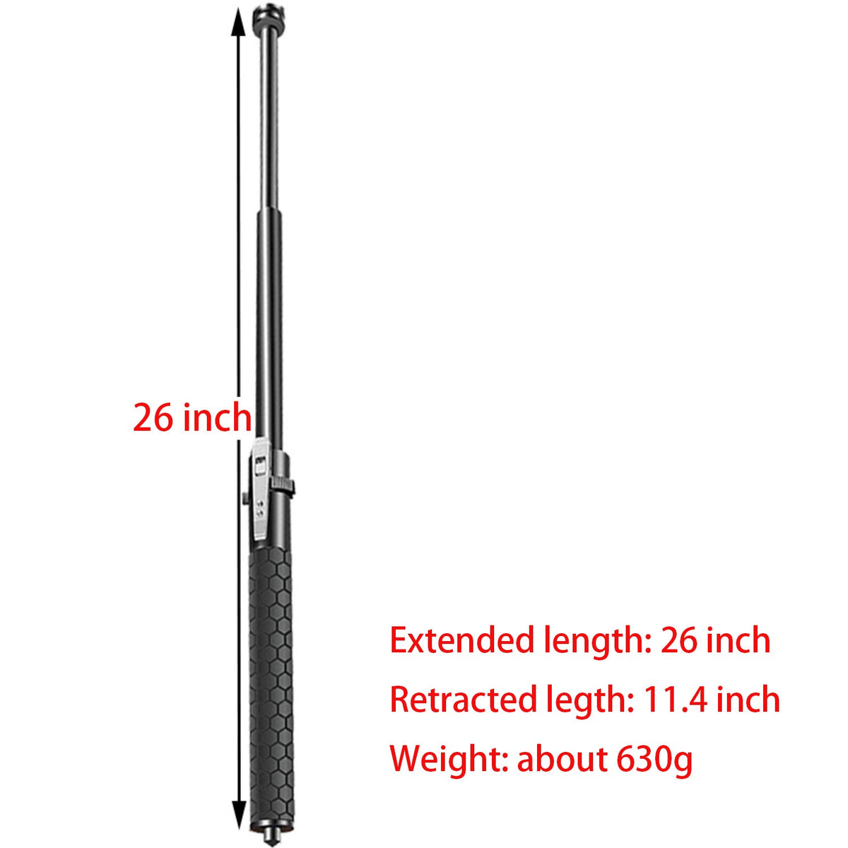 Size chart of the 26 inch baton showing extended length 26 inch, retracted length 11.4 inch and weight about 630g on a white background