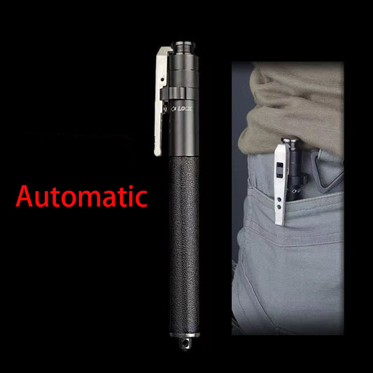 Closed pen-shaped baton with steel pocket clip and LOCK marking beside a photo of it clipped inside a trouser pocket, red Automatic text overlay