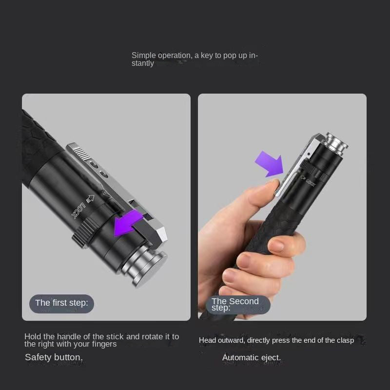 Two-step operation guide showing how to rotate the safety button and press the clasp to eject the baton automatically