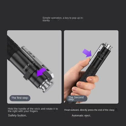 Two-step operation guide showing how to rotate the safety button and press the clasp to eject the baton automatically