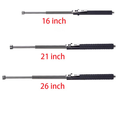 All three extended batons lined up horizontally and labelled 16 inch, 21 inch and 26 inch on a white background