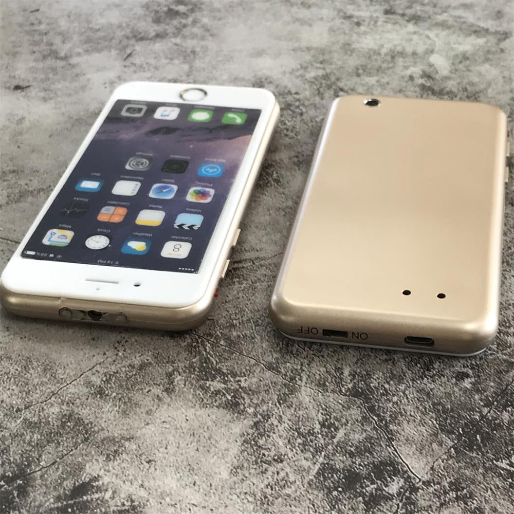 Front and back of the gold phone-shaped device side by side showing the ON and OFF slide switch and micro-USB port on the short edge