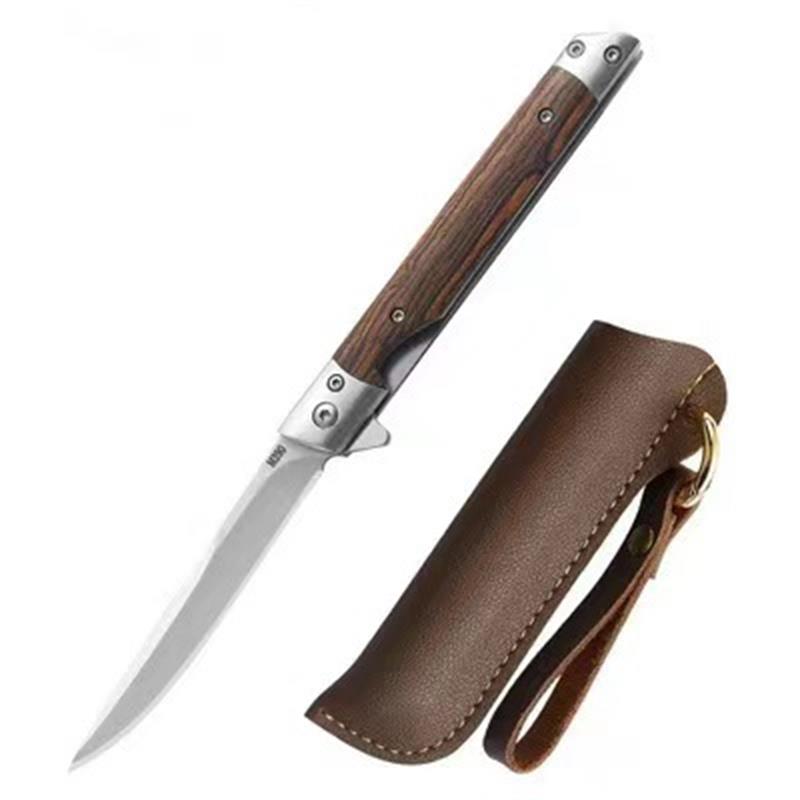 Open folding knife with a plain bright stainless drop-point blade and striped wood handle beside a brown leather sheath with brass ring, on a white background