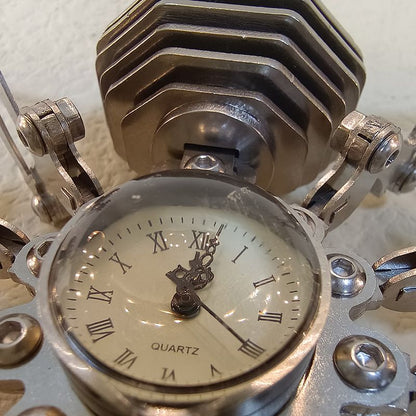 Macro shot of the quartz clock dial with Roman numerals beneath a domed glass lens