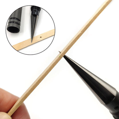 Reamer tip piercing a wooden stick in a held demonstration, with a circular inset close-up of the handle and tip in the hole.