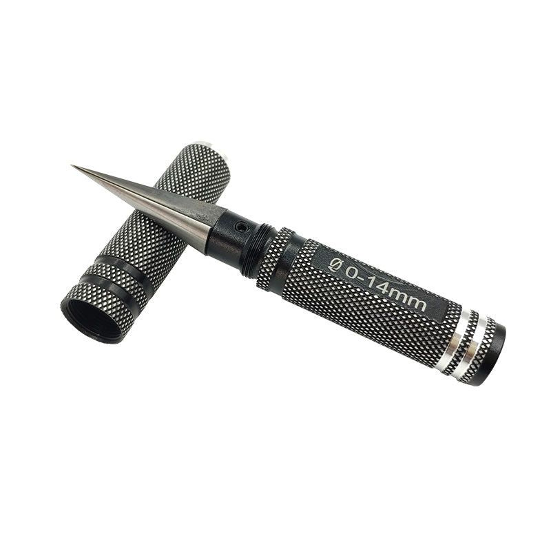Reamer with tapered steel blade beside its matching black knurled metal safety cap on a plain white background.