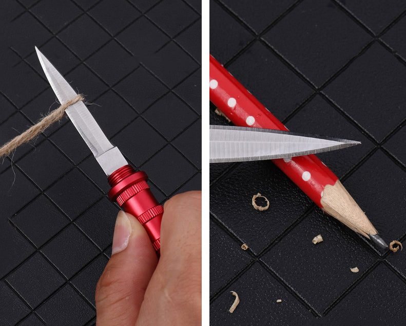 Two-panel shot of the red keychain dagger: cutting twine in a hand, and a close-up of the open blade across a polka-dot pencil with shavings.