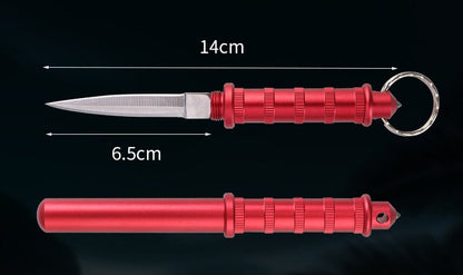 Red keychain dagger shown open and closed, stacked, with white length annotations, a threaded collar, ribbed handle and a tail window-break tip.
