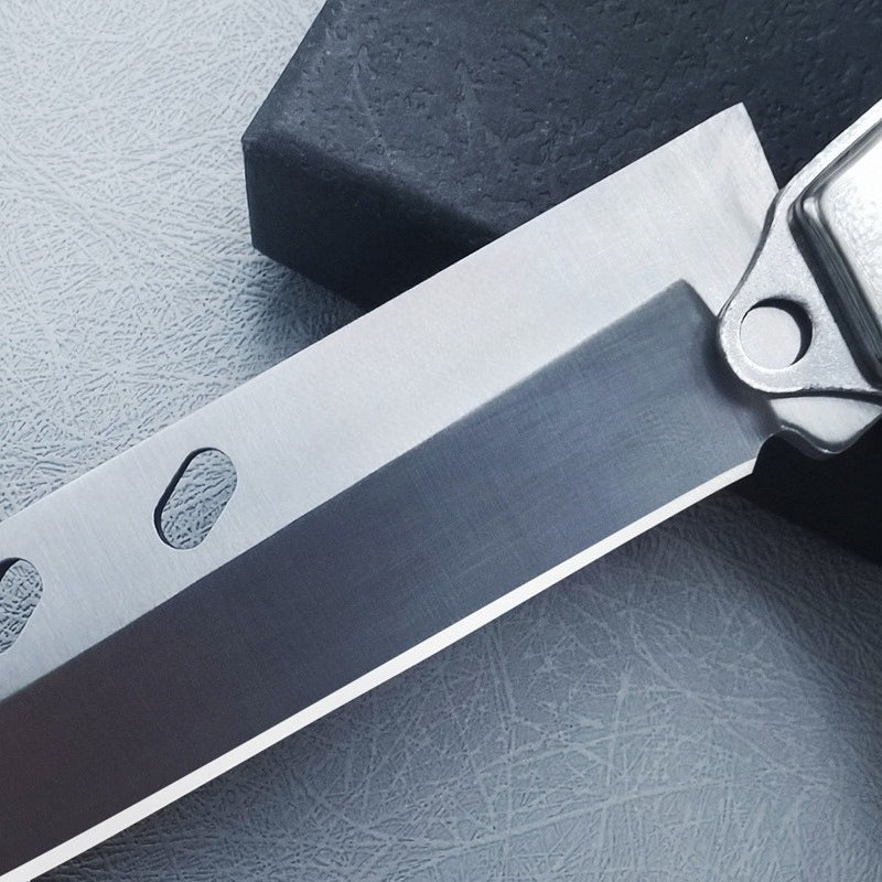 Close-up of blade near pivot showing two holes and silver bolster detail