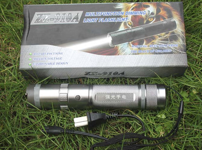 ZZ-910A retail box on grass with the silver unit and the black two-prong wall charger laid out in front