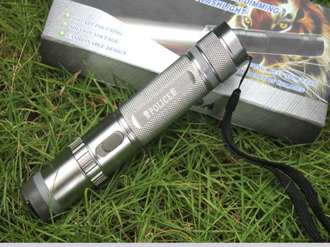 Silver stun gun with POLICE badge on grass in front of the printed retail box, wrist strap hanging from the tail