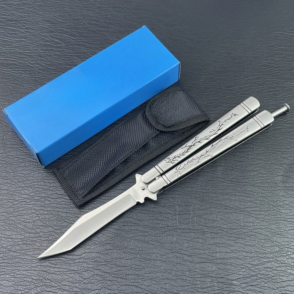 Single silver etched lightning-pattern unsharpened butterfly trainer with pouch and blue box