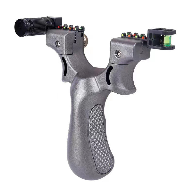Silver gray slingshot from the front with the textured grip panel and clamp screws in view