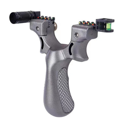 Silver gray slingshot from the front with the textured grip panel and clamp screws in view