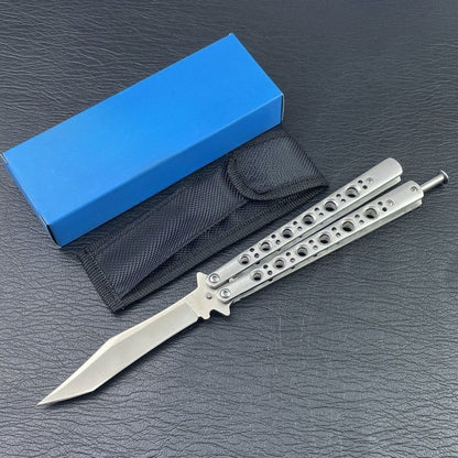 Single silver hole-handle unsharpened butterfly trainer with pouch and blue box