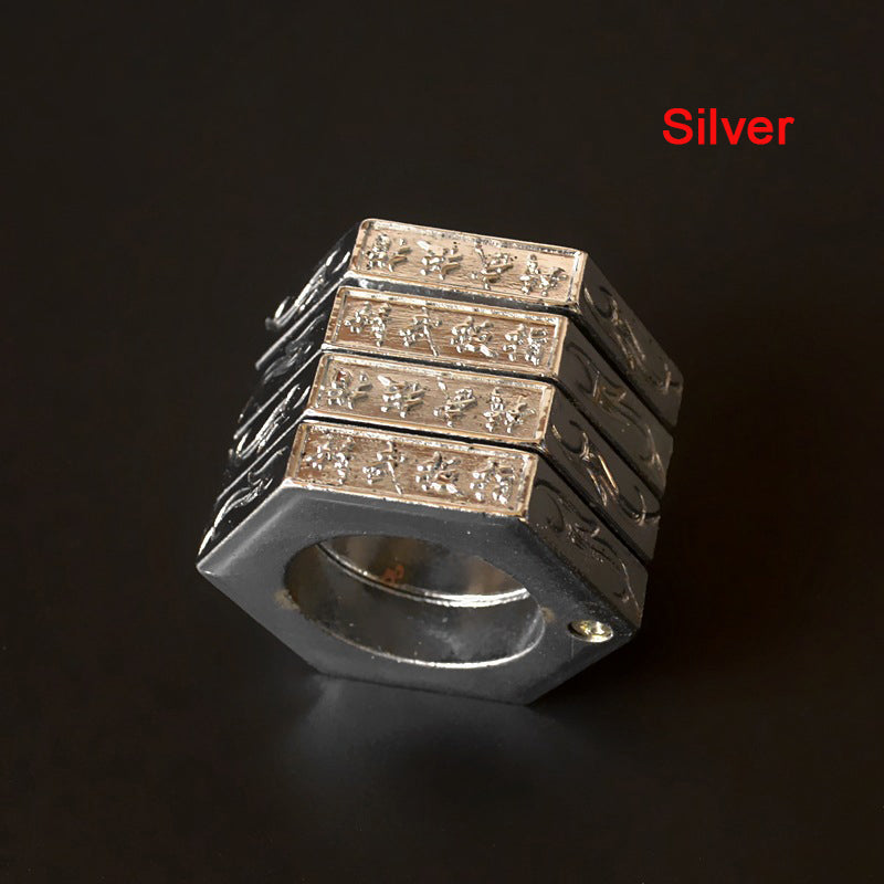 Silver stacked hexagon ring showing the engraved faces and a small screw stud at the band seam