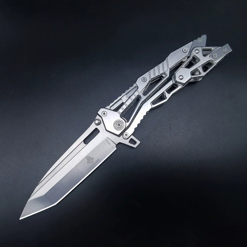Silver all-steel folding knife open on dark background