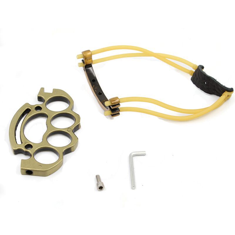 Full kit laid out flat with the knuckle grip, fork arm with bands and pouch, hex wrench, and mounting screw