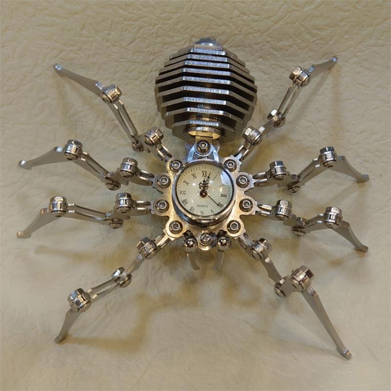 Overhead shot of the steel spider timepiece with eight legs splayed and riveted body panels
