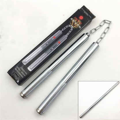 Two steel baton halves linked by a chain on light background, box at upper left, single-baton inset lower right