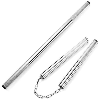 Steel chain-linked baton halves shown with a straight extended baton on white background, diagonal layout