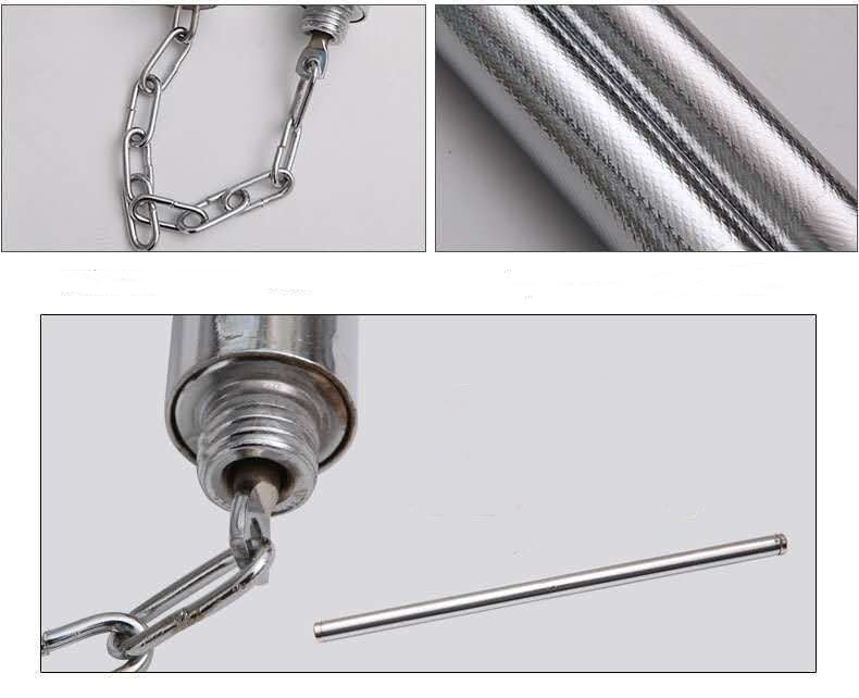Studio close-up collage: chain loop, two parallel baton sticks, and an end cap with swivel connector plus loose pin, light background
