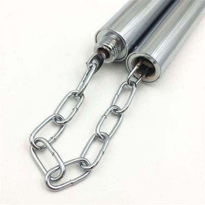 Two steel baton halves angled to show open hollow ends and threaded swivel fittings, chain draping down, white background