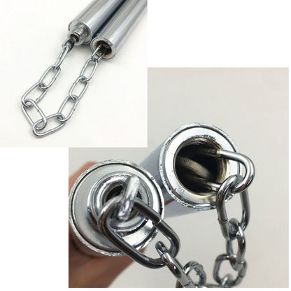 Three-part composite: diagonal baton layout, open hollow handle end close-up, and finger-held chain connector detail, white background