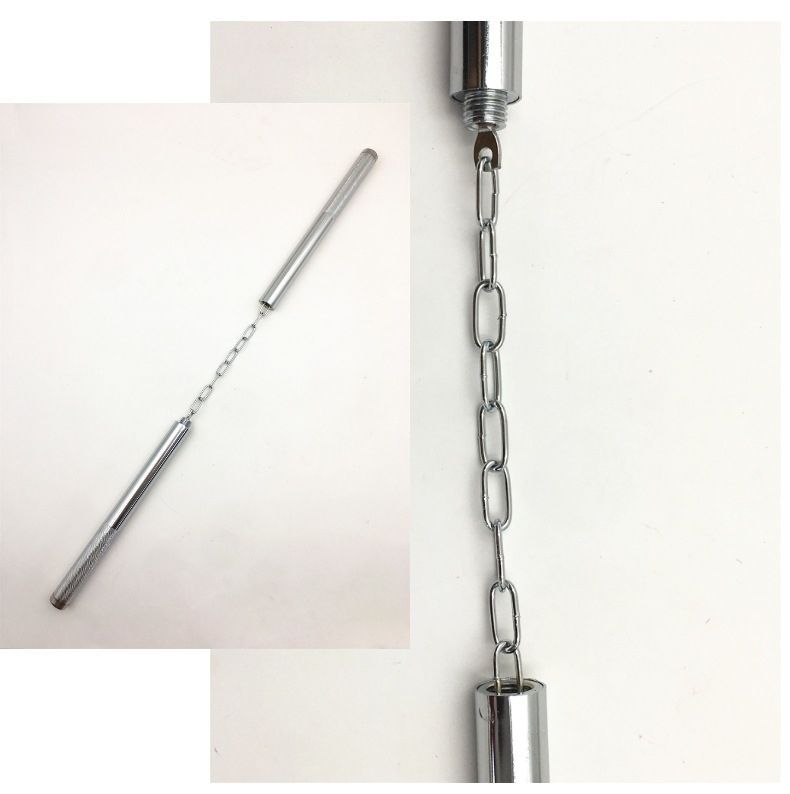 Two views of the chain-linked baton: full diagonal layout left, close-up of threaded swivel chain connector right, white background