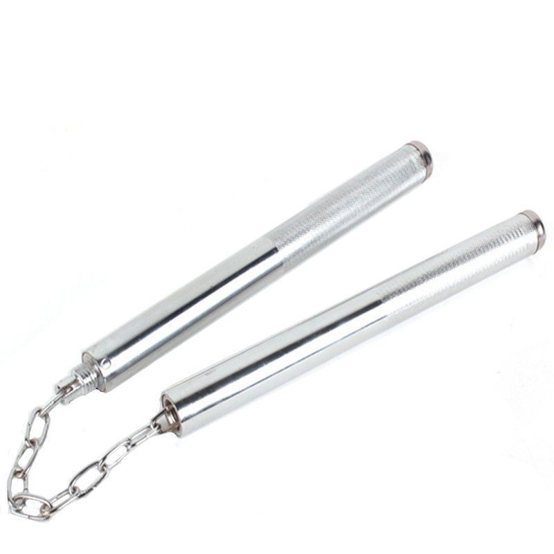 Two steel baton halves joined by a V-shaped chain with swivel fittings, knurled grips, white background