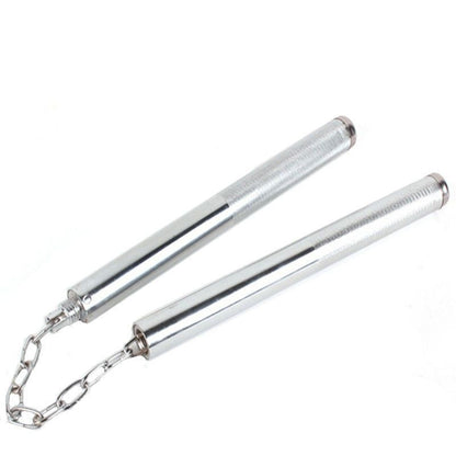 Two steel baton halves joined by a V-shaped chain with swivel fittings, knurled grips, white background