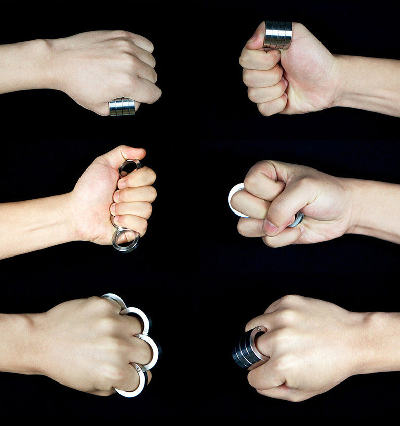 Six-panel collage of hands wearing the stainless steel four-ring piece folded and unfolded on a black background