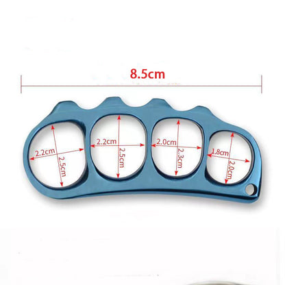 Dimension diagram of the steel knuckle showing 8.5cm overall length and the four finger hole measurements