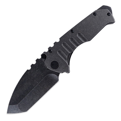 An open folding knife isolated on white, its dark stonewashed blade matched by a stonewashed steel handle with a row of angled milled grooves and a dark pivot.