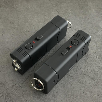 Black 801C stun guns viewed from the side showing the light lens, switches and keyrings
